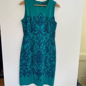 Lands' End Green and Blue Sheath Midi Dress Crew Neck Sleeveless